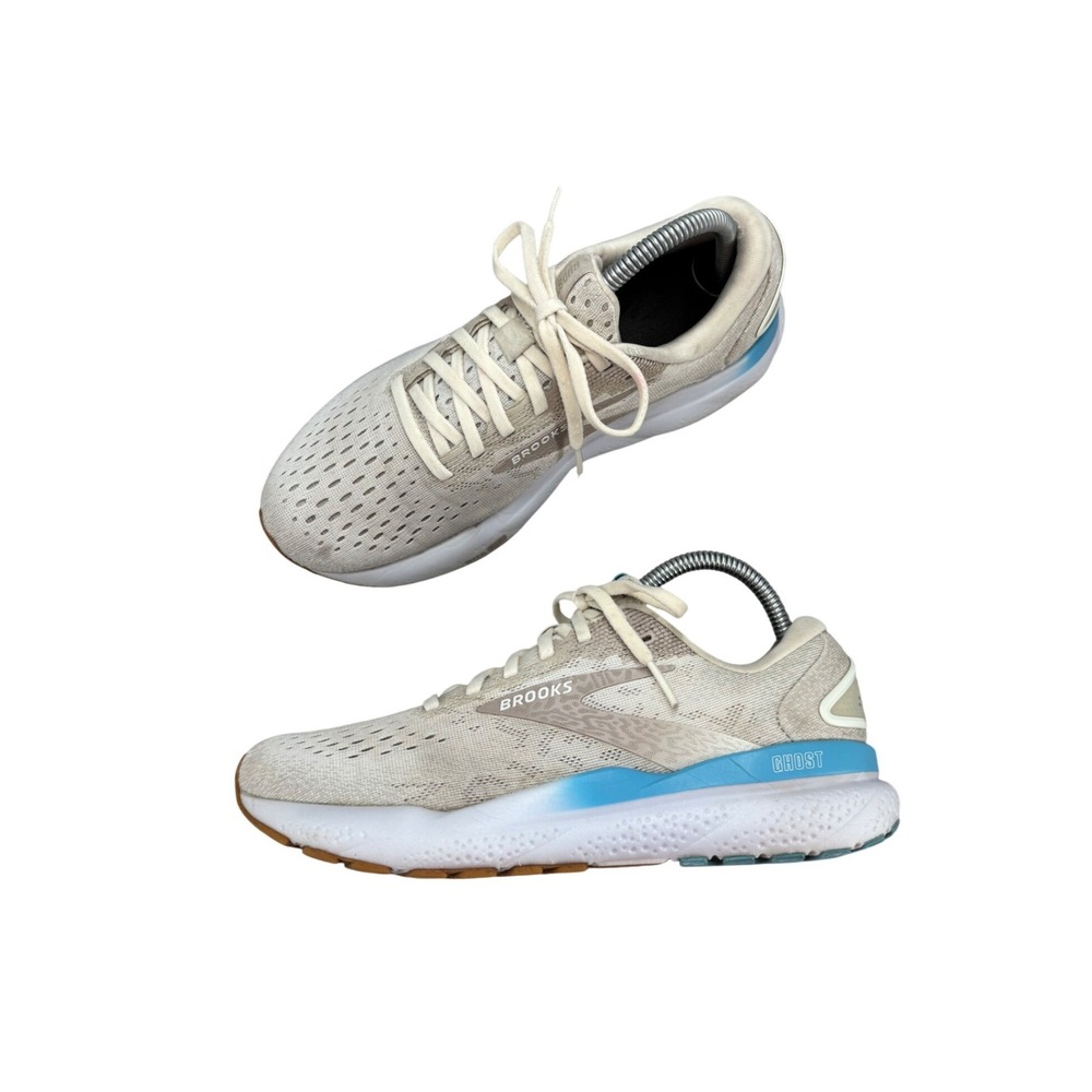Brooks Ghost 16 Shoes Cream Tan Blue Mesh Running Sneaker Women's Size 8